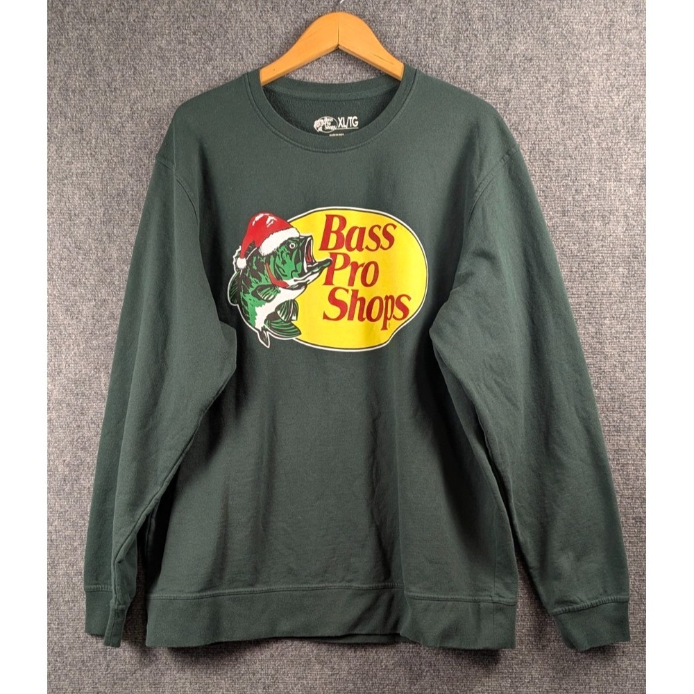 Bass Pro Shops Christmas Santa Bass Logo Crewneck Sweatshirt Green XL